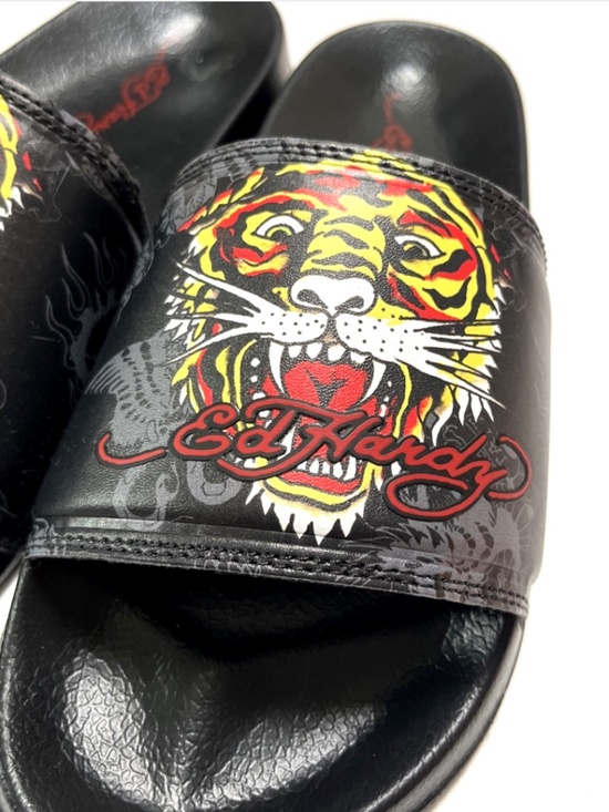 Ed Hardy Tiger Head Slide Sandals Black Red Graphic Logo Y2K NWOB main image 12